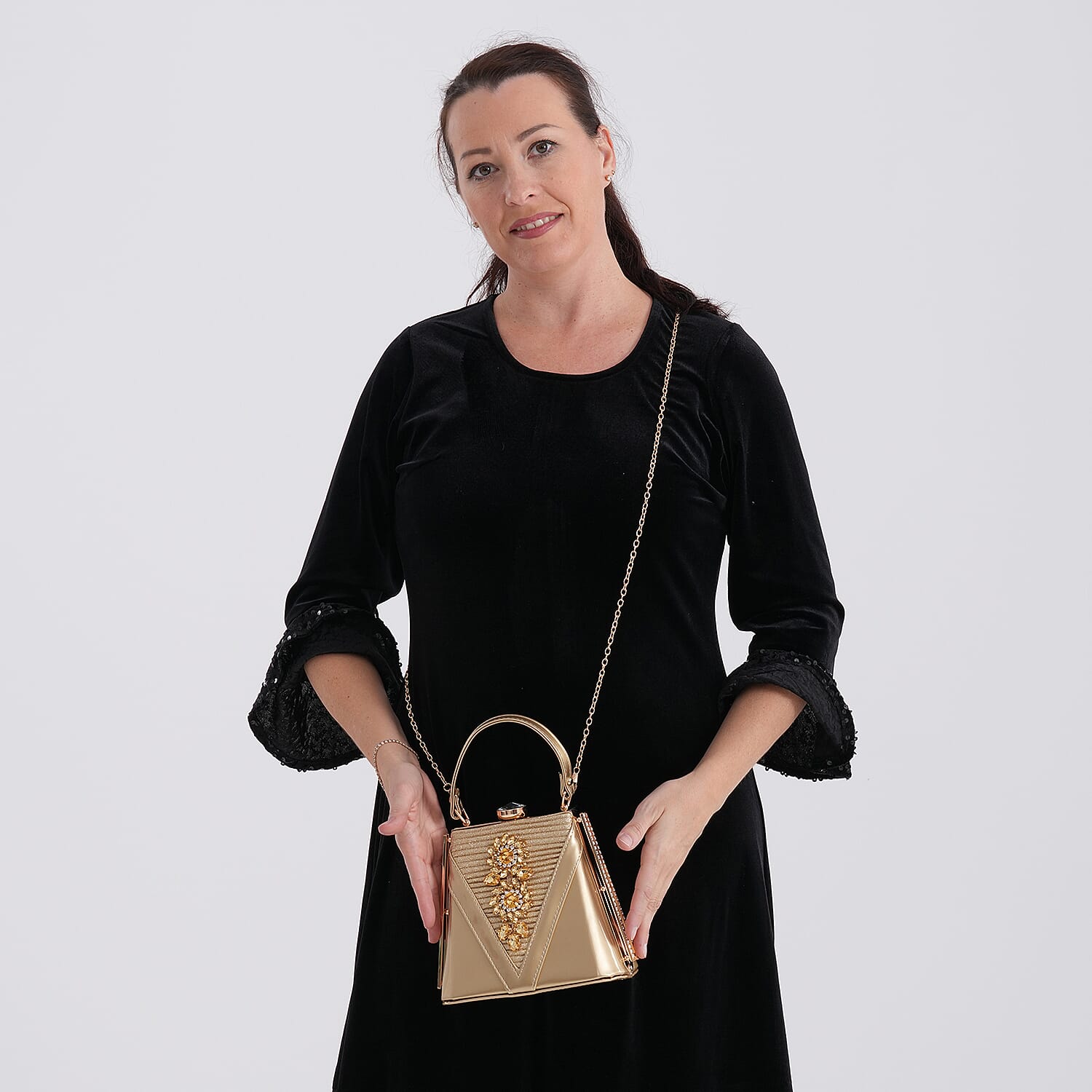 La Marey Gold Faux Leather Clutch Crossbody Bag with Shoulder Strap