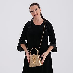 La Marey Gold Faux Leather Clutch Crossbody Bag with Shoulder Strap