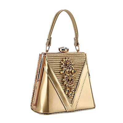 La Marey Gold Faux Leather Clutch Crossbody Bag with Shoulder Strap