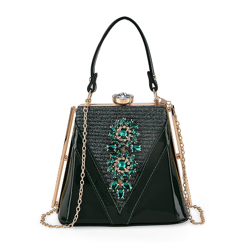 La Marey Dark Green Faux Leather Clutch Crossbody Bag with Shoulder Strap