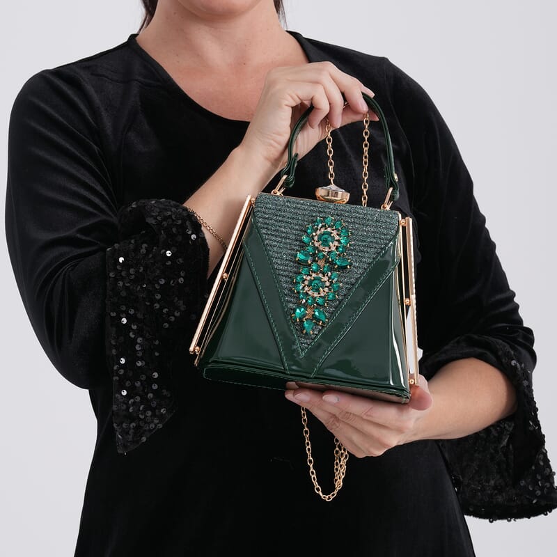 La Marey Dark Green Faux Leather Clutch Crossbody Bag with Shoulder Strap