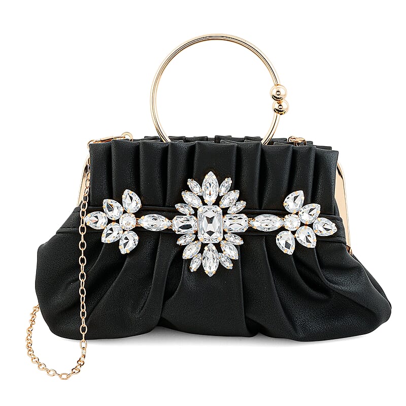 La Marey Black Faux Leather Crossbody Clutch with Chain Strap