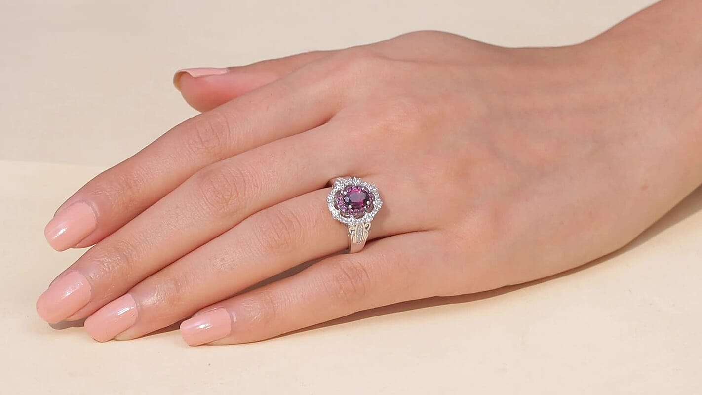 D'Joy Radiant Ember Garnet, White Zircon Ring in Rhodium Over Sterling Silver (Size 10.0) 2.00 ctw