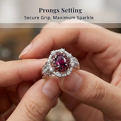 D'Joy Radiant Ember Garnet and White Zircon 2.00 ctw Royal Rose Bloom Ring in Rhodium Over Sterling Silver (Size 5.0)