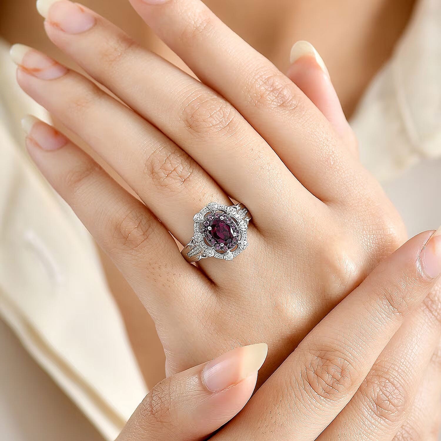 D'Joy Radiant Ember Garnet and White Zircon 2.00 ctw Royal Rose Bloom Ring in Rhodium Over Sterling Silver (Size 6.0)