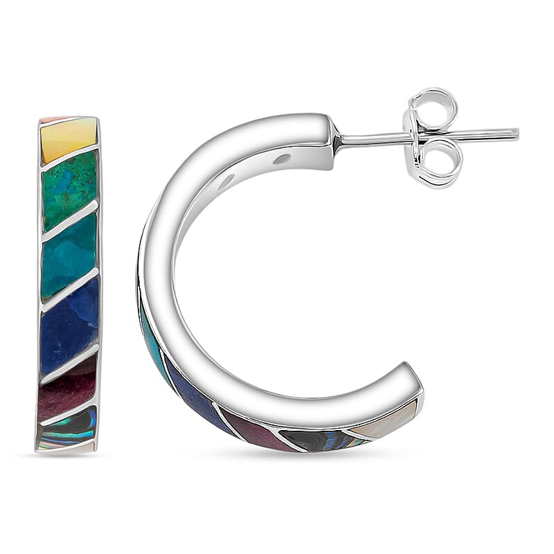 Peruvian Artistry Multi Gemstone 10.80 ctw Rainbow Carola Half Hoop Earrings in Sterling Silver