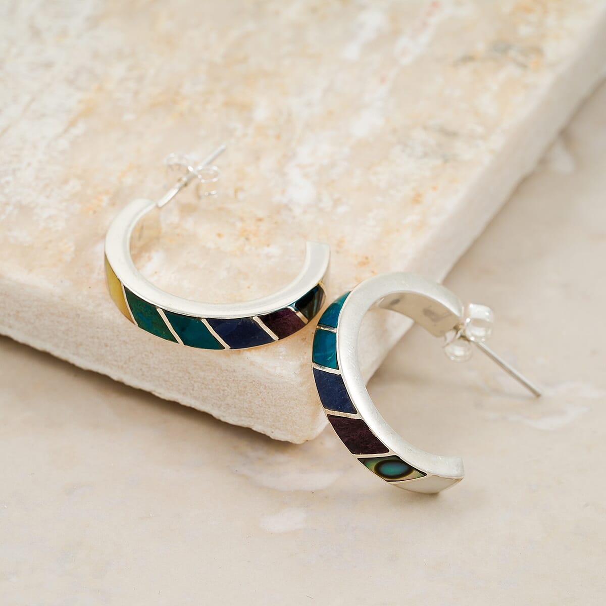 Peruvian Artistry Multi Gemstone 10.80 ctw Rainbow Carola Half Hoop Earrings in Sterling Silver image number 1