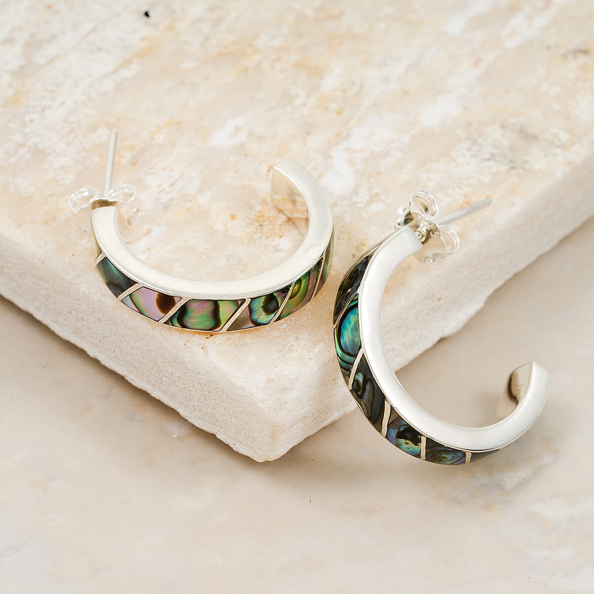 Peruvian Artistry Multi Gemstone 10.80 ctw Abalone Shell Carola Half Hoop Earrings in Sterling Silver image number 1