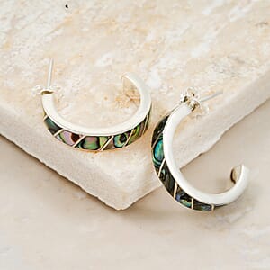 Peruvian Artistry Multi Gemstone 10.80 ctw Abalone Shell Carola Half Hoop Earrings in Sterling Silver