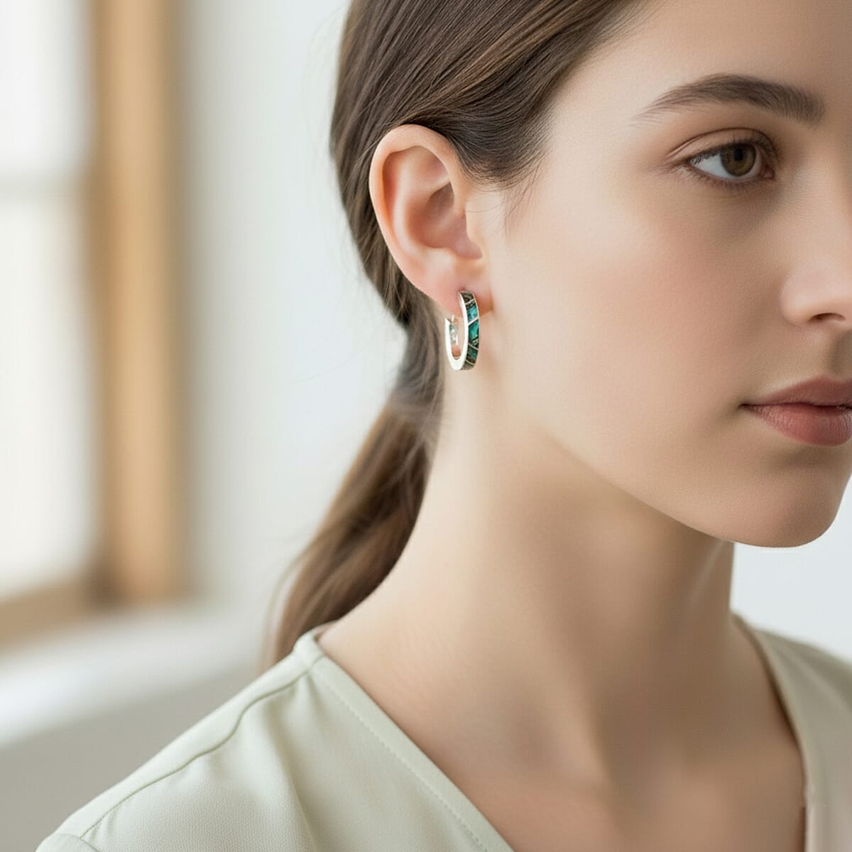 Peruvian Artistry Multi Gemstone 10.80 ctw Abalone Shell Carola Half Hoop Earrings in Sterling Silver image number 2