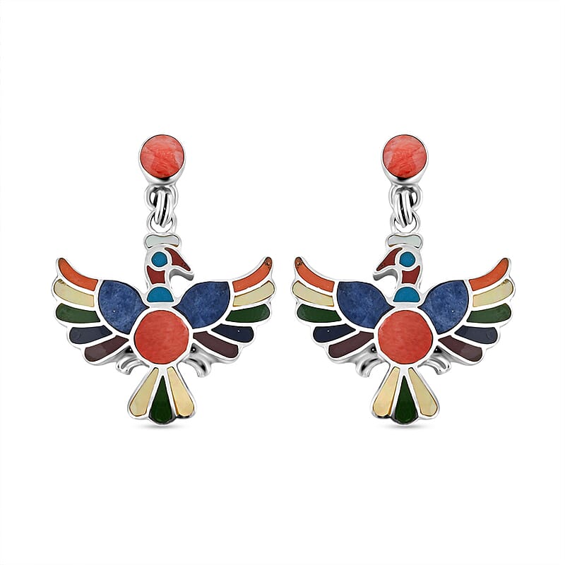 Peruvian Artistry Multi Gemstone 17.60 ctw Rainbow Colca Condor Earrings in Sterling Silver