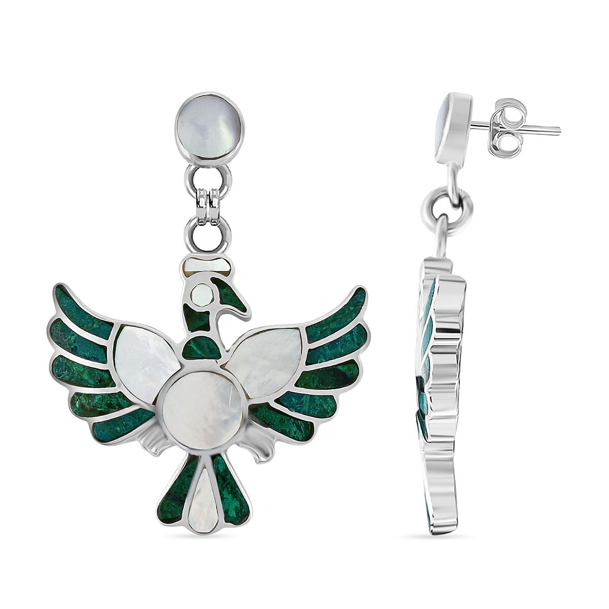 Peruvian Artistry Multi Gemstone 17.60 ctw Green and White Colca Condor Earrings in Sterling Silver image number 0