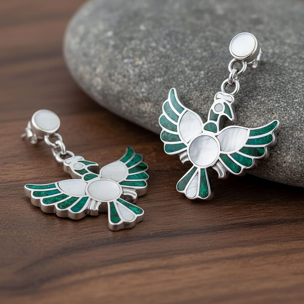 Peruvian Artistry Multi Gemstone 17.60 ctw Green and White Colca Condor Earrings in Sterling Silver image number 1
