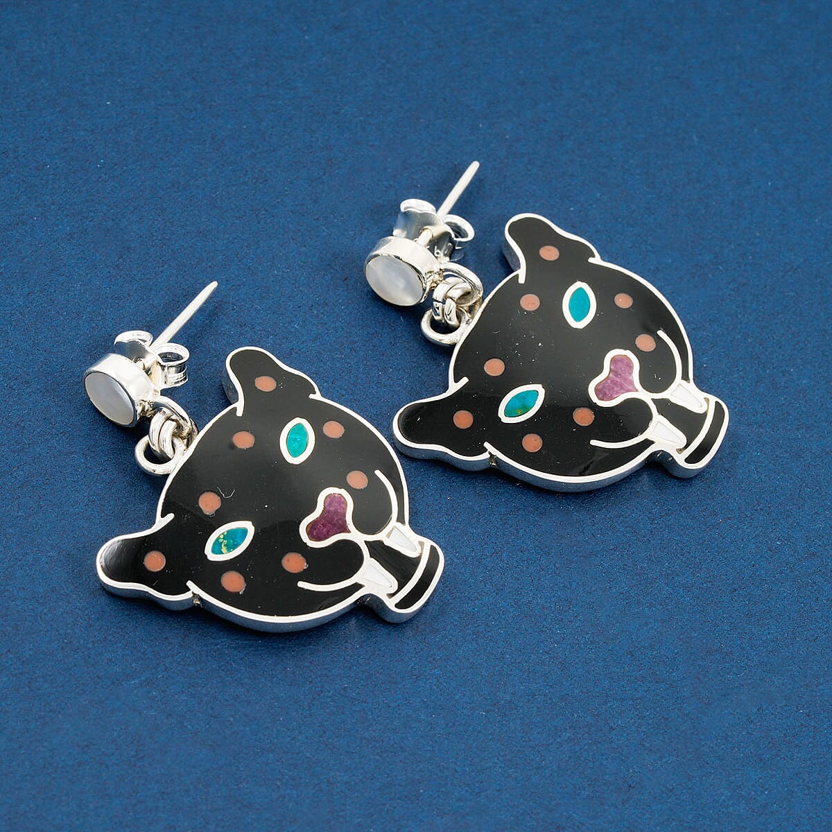 Peruvian Artistry Multi Gemstone 8.40 ctw Black Powerfull Puma Earrings in Sterling Silver image number 1