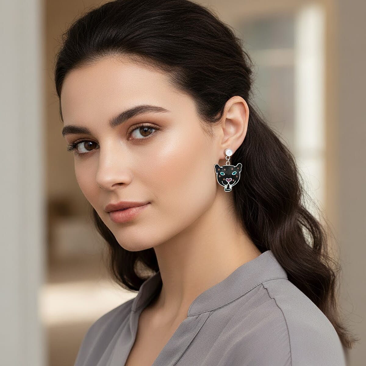 Peruvian Artistry Multi Gemstone 8.40 ctw Black Powerfull Puma Earrings in Sterling Silver image number 2