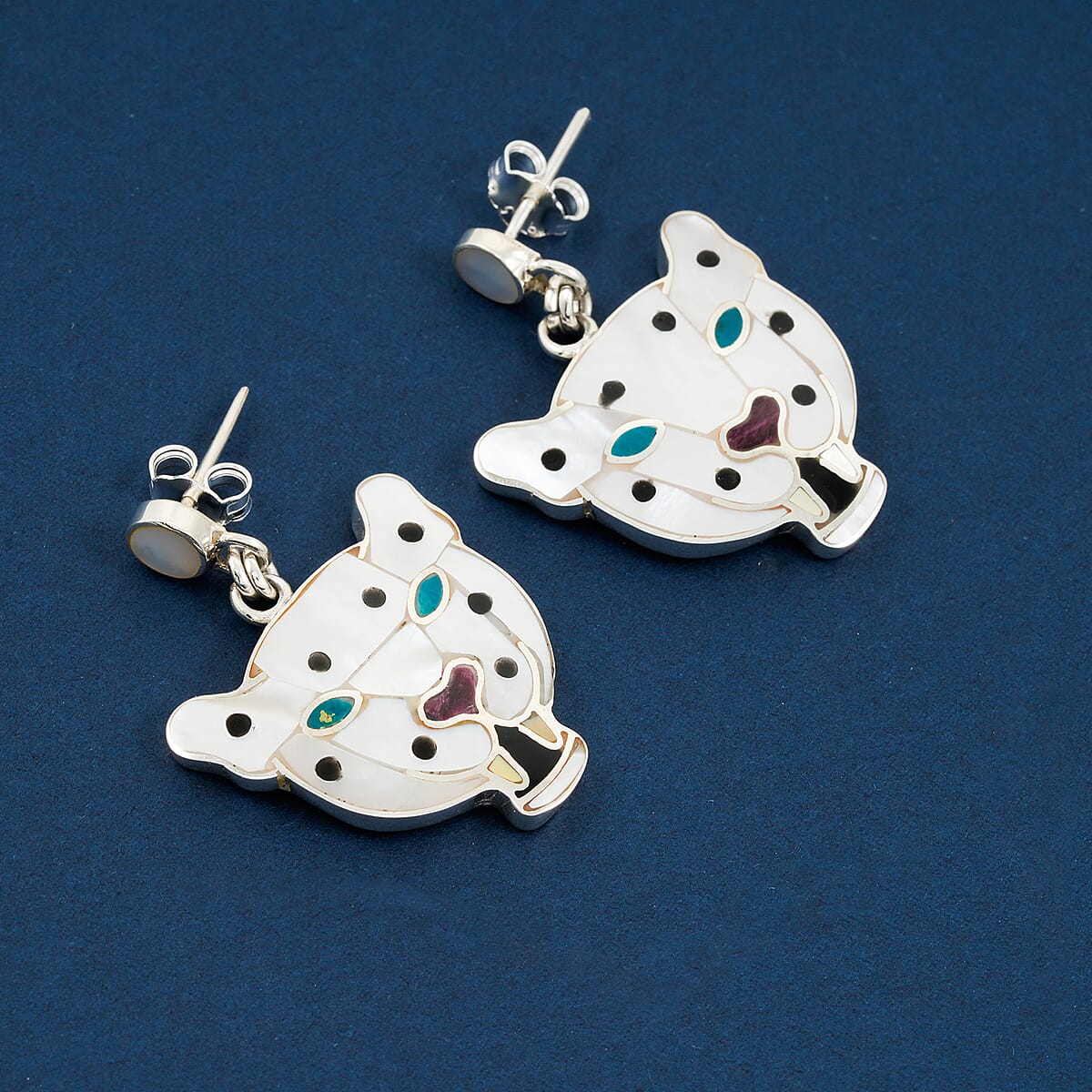 Peruvian Artistry Multi Gemstone 8.80 ctw White Powerfull Puma Earrings in Sterling Silver image number 1