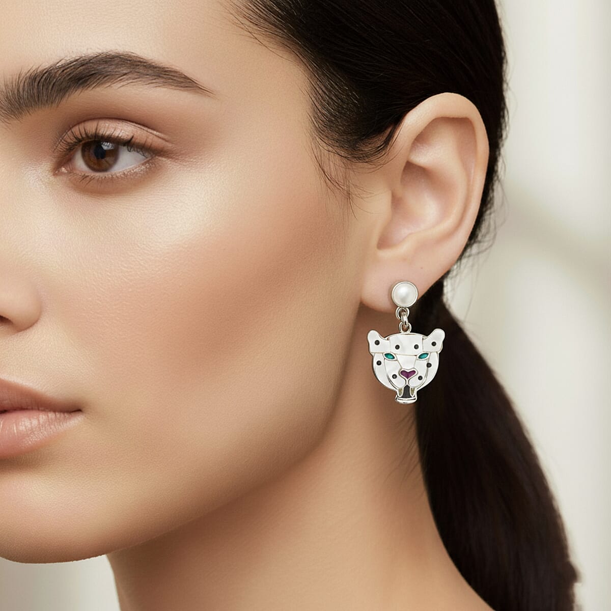 Peruvian Artistry Multi Gemstone 8.80 ctw White Powerfull Puma Earrings in Sterling Silver image number 2