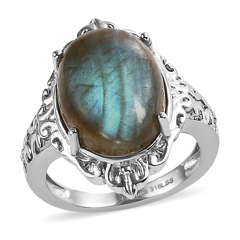 EverTrue Malagasy Labradorite Solitaire Ring in Stainless Steel (Size 5.0) 10.50 ctw