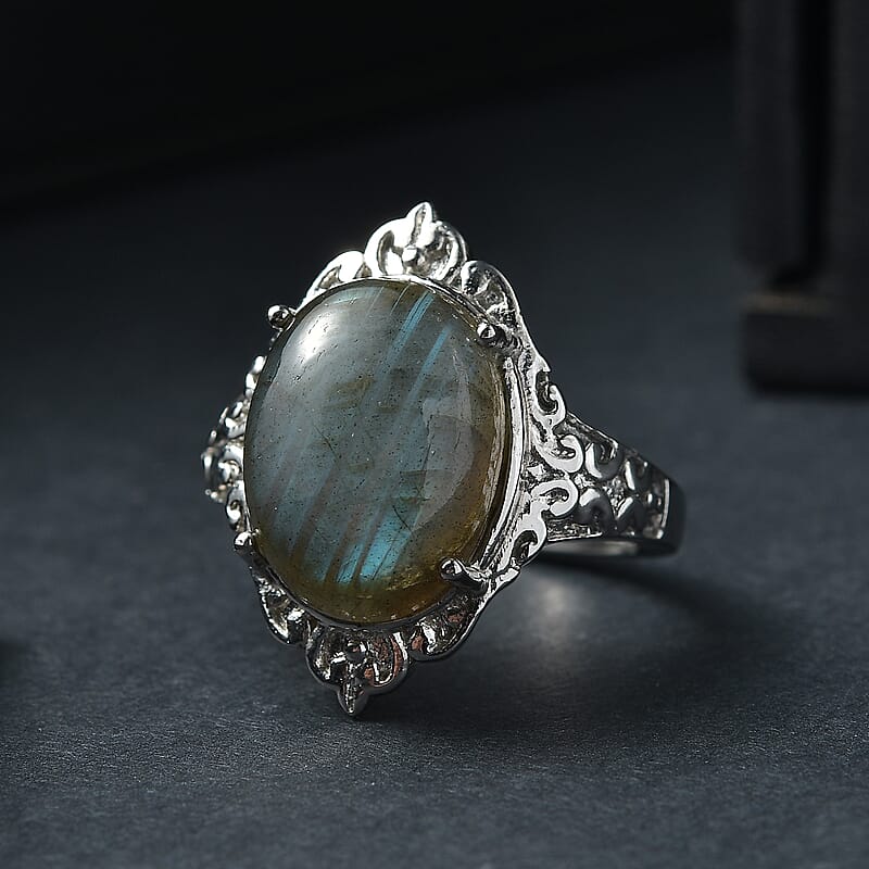 EverTrue Malagasy Labradorite Solitaire Ring in Stainless Steel (Size 6.0) 10.50 ctw