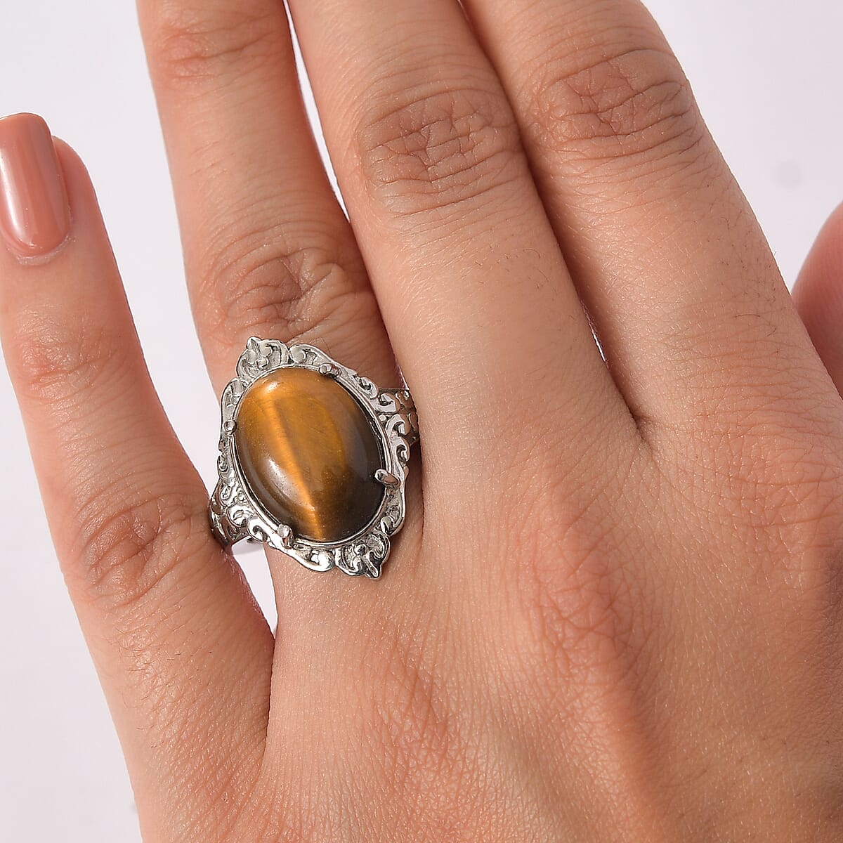 EverTrue Tigers Eye Solitaire Ring in Stainless Steel (Size 10.0) 9.50 ctw image number 2