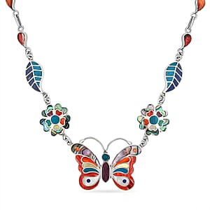 Peruvian Artistry Multi Gemstone 54.00 ctw Rainbow Ema Butterfly Necklace in Sterling Silver 18 Inches