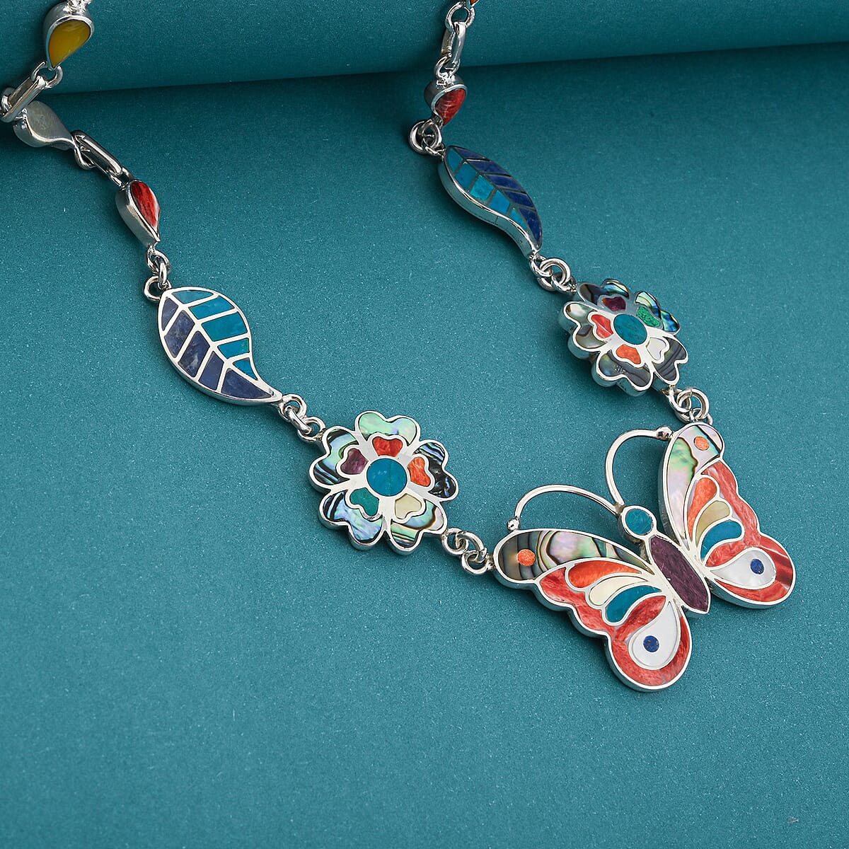 Peruvian Artistry Multi Gemstone 54.00 ctw Rainbow Ema Butterfly Necklace in Sterling Silver 18 Inches image number 1