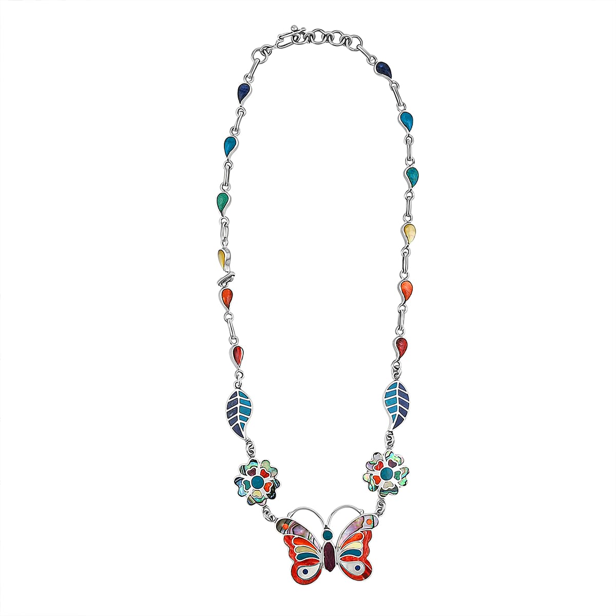 Peruvian Artistry Multi Gemstone 54.00 ctw Rainbow Ema Butterfly Necklace in Sterling Silver 18 Inches image number 3