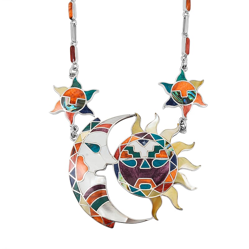 Peruvian Artistry Multi Gemstone 98.80 ctw Rainbow Sun and Moon Marina Necklace in Sterling Silver 18 Inches
