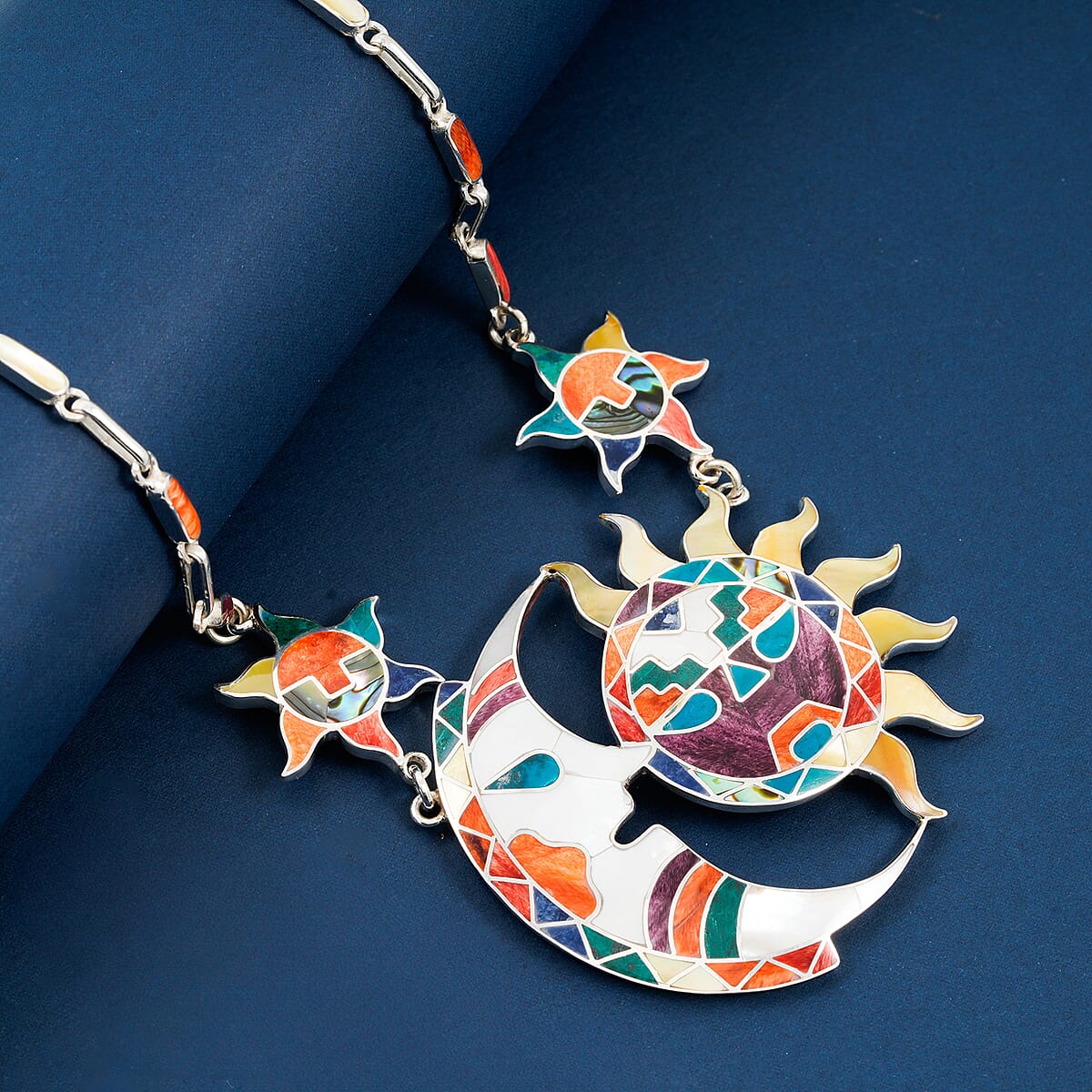 Peruvian Artistry Multi Gemstone 98.80 ctw Rainbow Sun and Moon Marina Necklace in Sterling Silver 18 Inches image number 1