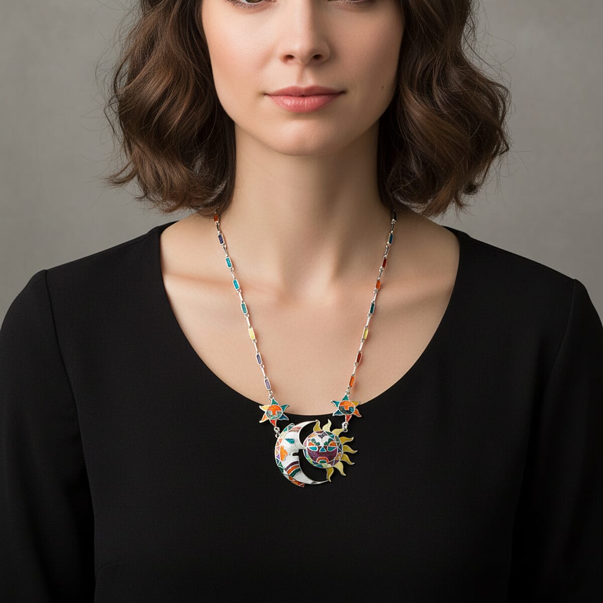 Peruvian Artistry Multi Gemstone 98.80 ctw Rainbow Sun and Moon Marina Necklace in Sterling Silver 18 Inches image number 2