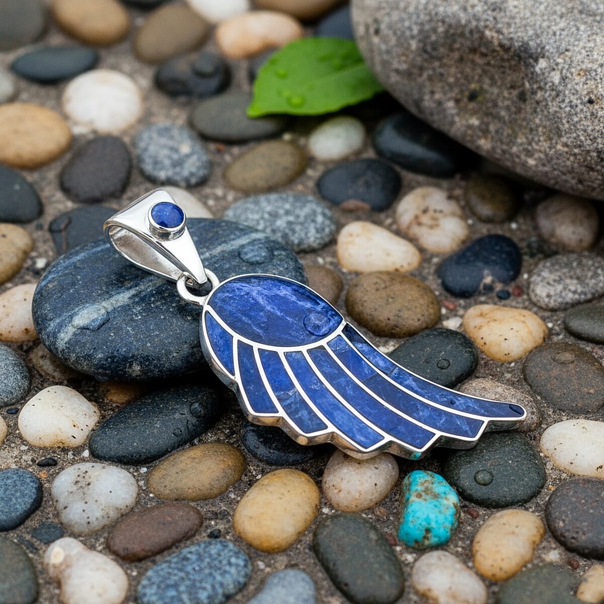 Peruvian Artistry Multi Gemstone 7.20 ctw Blue Lupe Wing Pendant without Chain in Sterling Silver image number 1