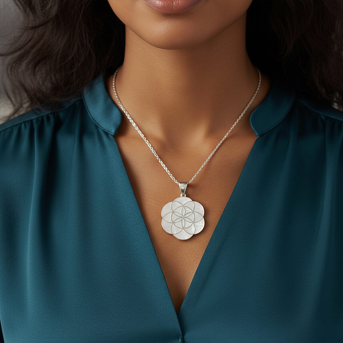 Peruvian Artistry Multi Gemstone White Mariana Flower Of Life Pendant in Sterling Silver 25.60 ctw image number 2