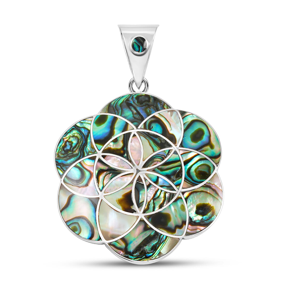 Peruvian Artistry Multi Gemstone 25.60 ctw Abalone Shell Mariana Flower Of Life Pendant in Sterling Silver image number 0