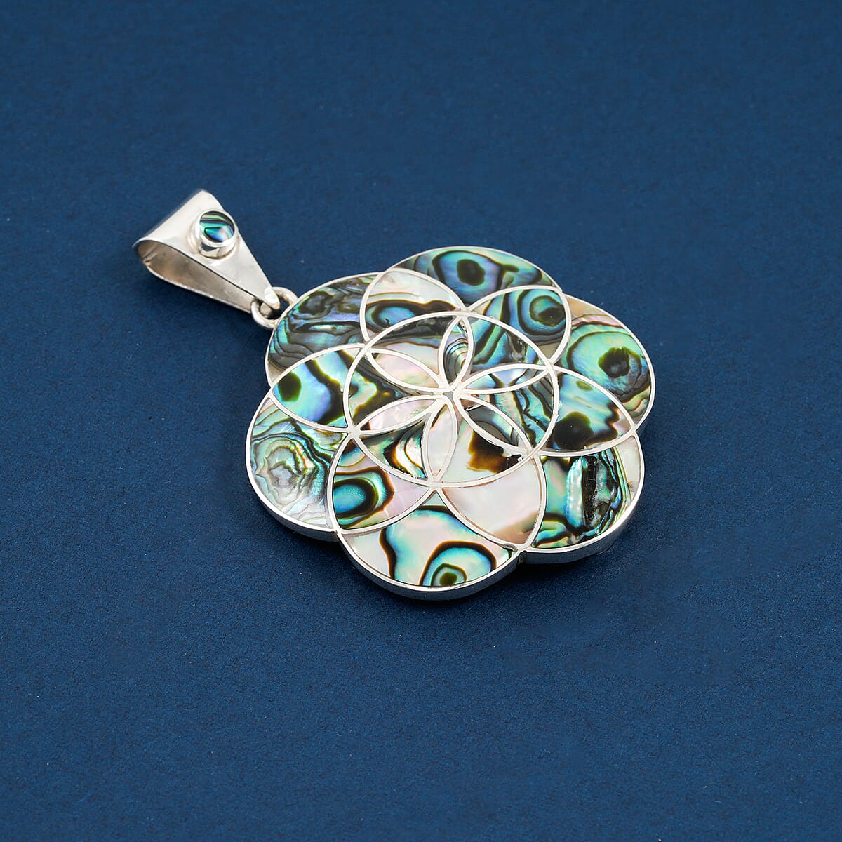 Peruvian Artistry Multi Gemstone 25.60 ctw Abalone Shell Mariana Flower Of Life Pendant in Sterling Silver image number 1