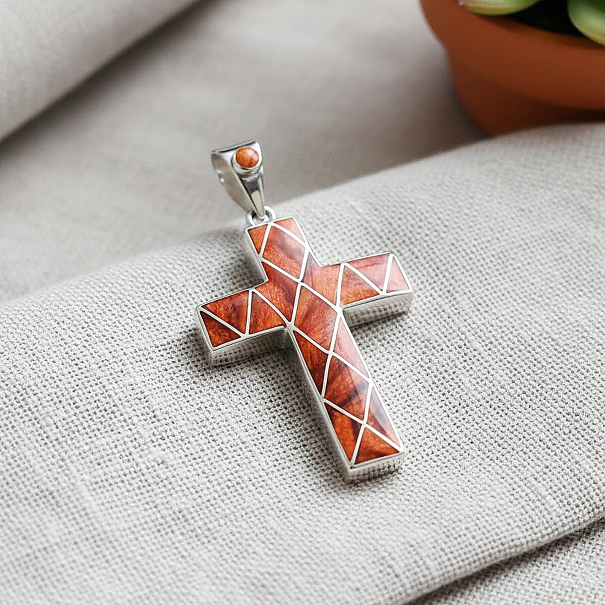Peruvian Artistry Multi Gemstone 15.20 ctw Orange Sandoval Big Cross Pendant in Sterling Silver image number 1
