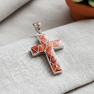 Peruvian Artistry Multi Gemstone 15.20 ctw Orange Sandoval Big Cross Pendant in Sterling Silver