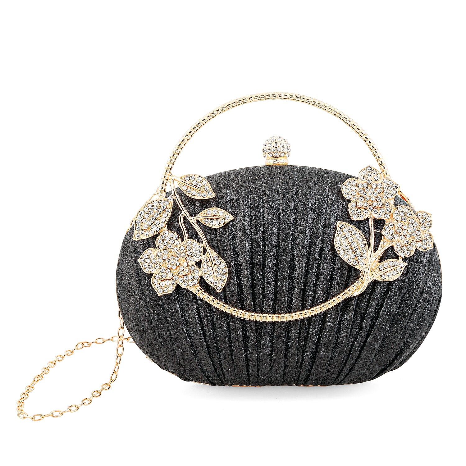 La Marey Black Polyester Metal Frame Crystal Rhinestone Crossbody Bag with Shoulder Strap