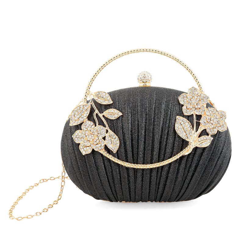 La Marey Black Polyester Metal Frame Crystal Rhinestone Crossbody Bag with Shoulder Strap