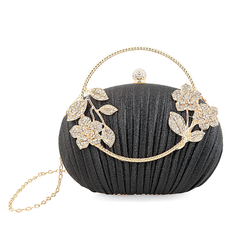 La Marey Black Polyester Metal Frame Crystal Rhinestone Crossbody Bag with Shoulder Strap