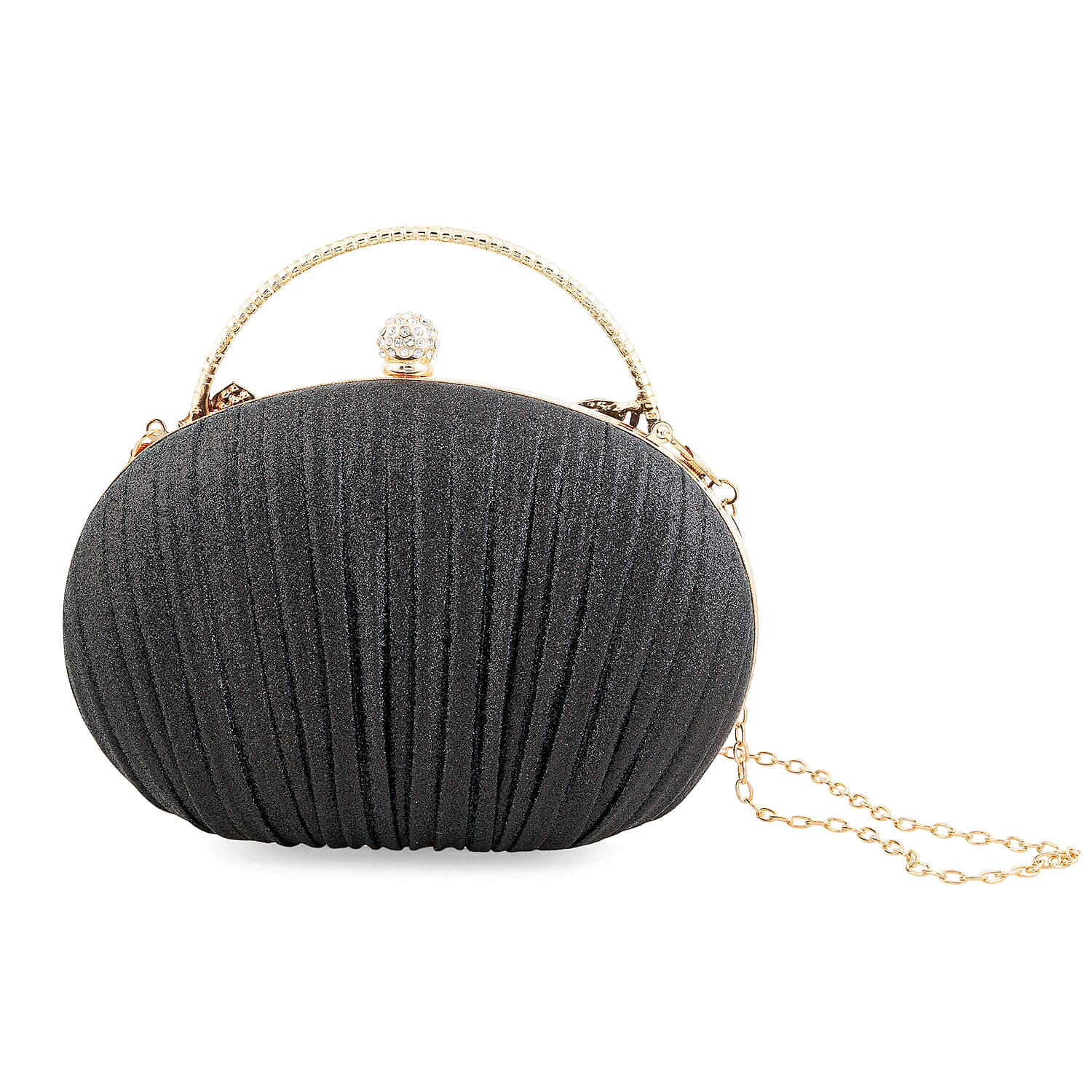 La Marey Black Polyester Metal Frame Crystal Rhinestone Crossbody Bag with Shoulder Strap