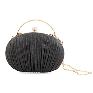 La Marey Black Polyester Metal Frame Crystal Rhinestone Crossbody Bag with Shoulder Strap
