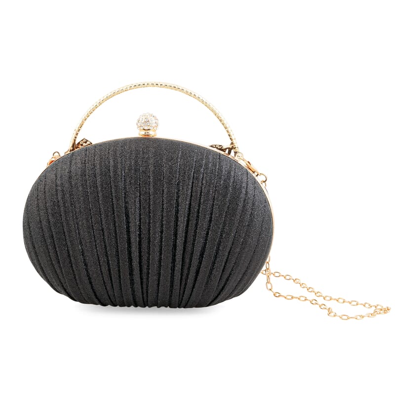 La Marey Black Polyester Metal Frame Crystal Rhinestone Crossbody Bag with Shoulder Strap