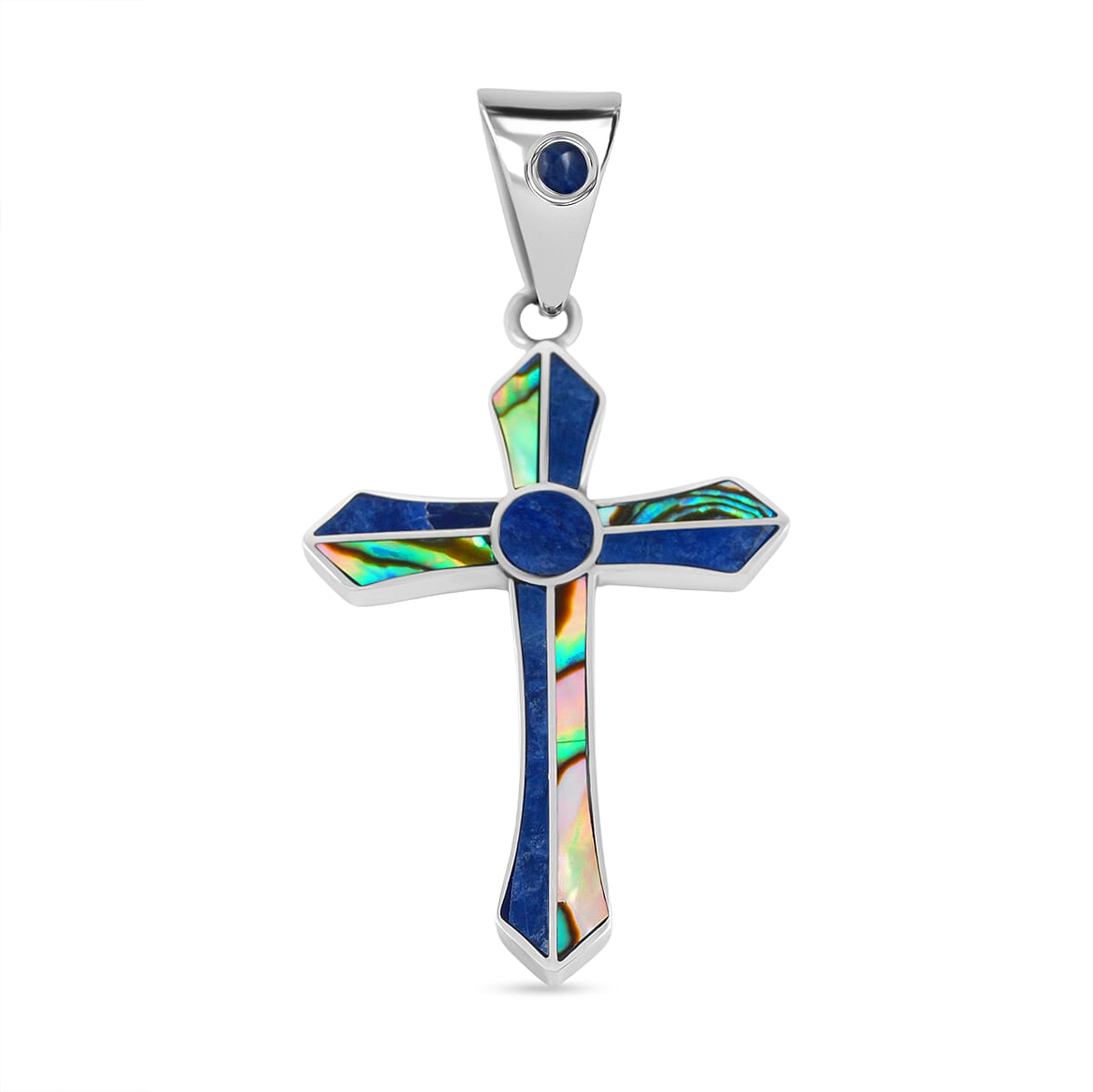 Peruvian Artistry Multi Gemstone 4.00 ctw Abalone Shell and Blue Edu Round Cross Pendant in Sterling Silver image number 0