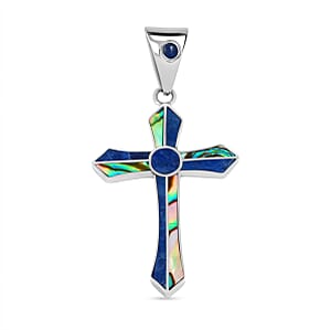 Peruvian Artistry Multi Gemstone 4.00 ctw Abalone Shell and Blue Edu Round Cross Pendant in Sterling Silver