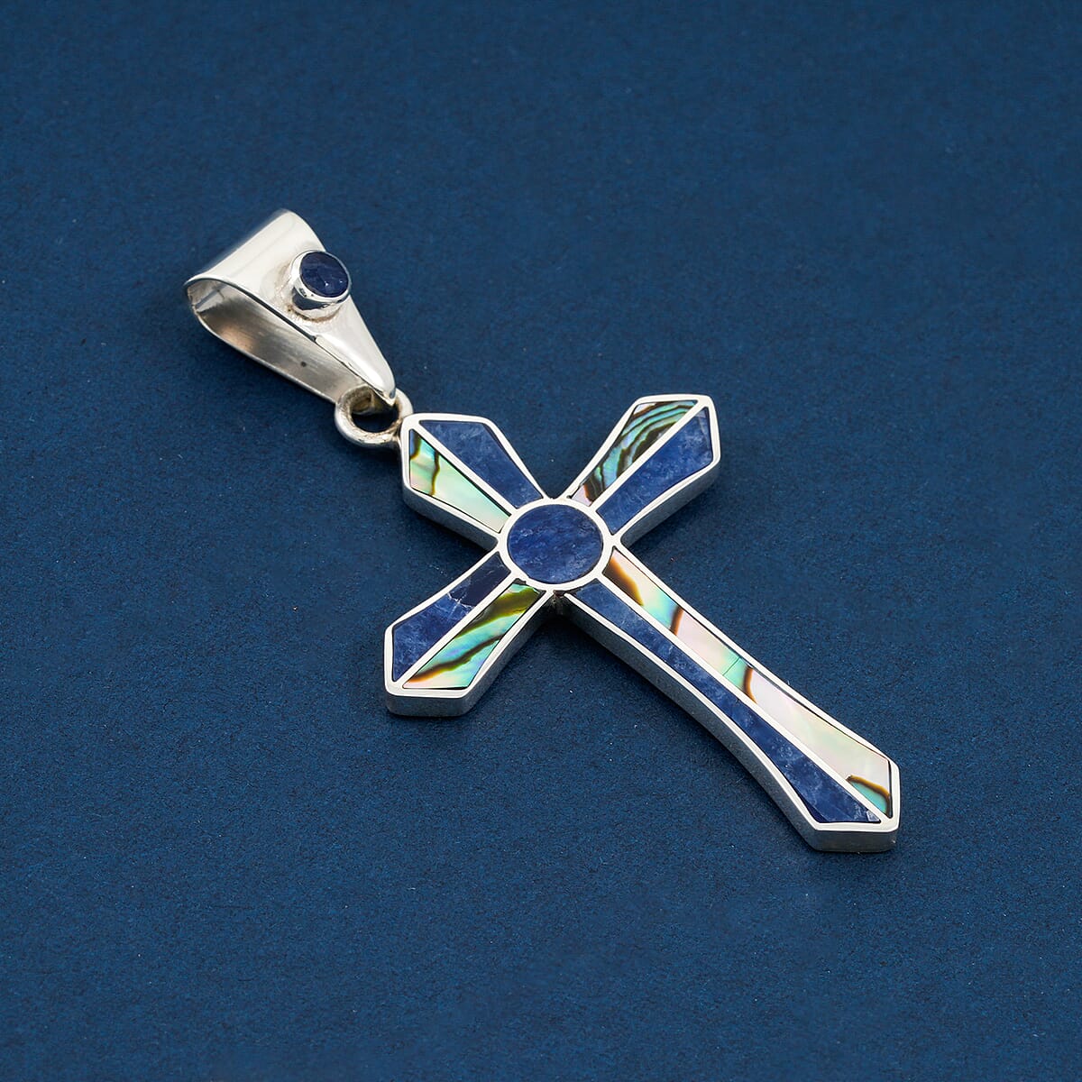 Peruvian Artistry Multi Gemstone 4.00 ctw Abalone Shell and Blue Edu Round Cross Pendant in Sterling Silver image number 1