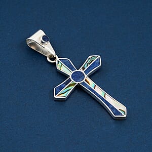 Peruvian Artistry Multi Gemstone 4.00 ctw Abalone Shell and Blue Edu Round Cross Pendant in Sterling Silver