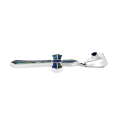 Peruvian Artistry Multi Gemstone 4.00 ctw Abalone Shell and Blue Edu Round Cross Pendant in Sterling Silver