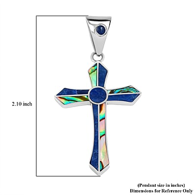 Peruvian Artistry Multi Gemstone 4.00 ctw Abalone Shell and Blue Edu Round Cross Pendant in Sterling Silver