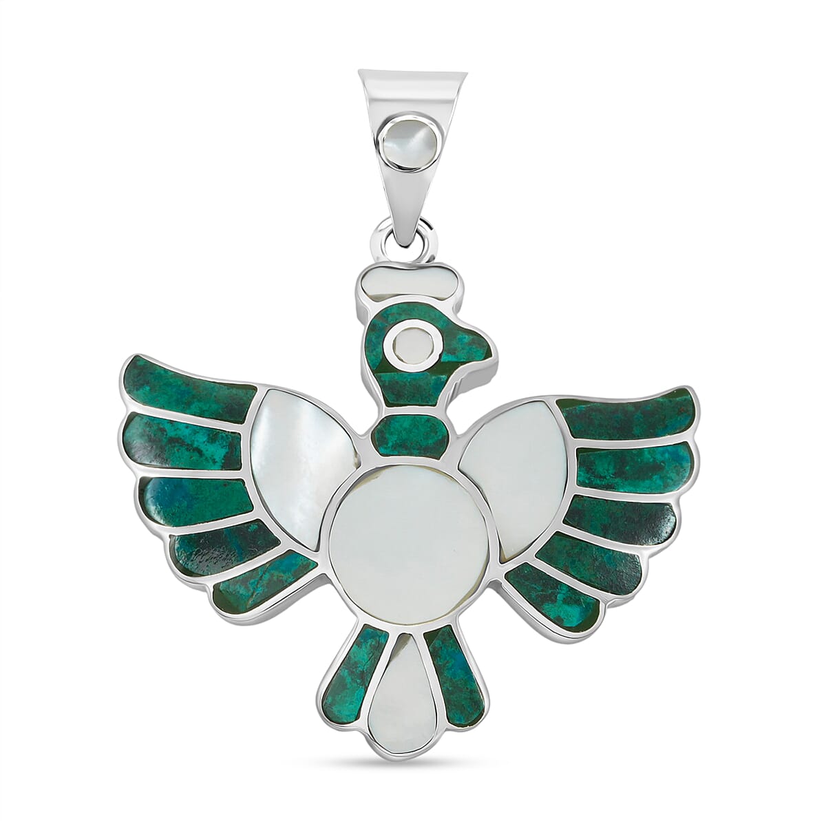 Peruvian Artistry Multi Gemstone 9.00 ctw Green and White Colca Condor Pendant without Chain in Sterling Silver image number 0