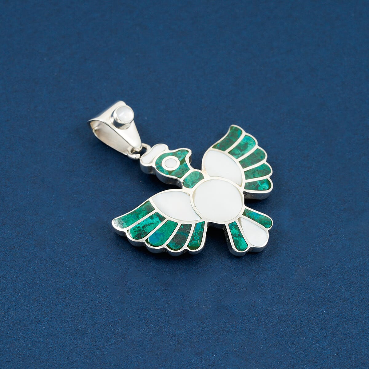 Peruvian Artistry Multi Gemstone 9.00 ctw Green and White Colca Condor Pendant without Chain in Sterling Silver image number 1